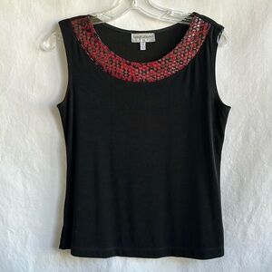 Draper’s & Damon’s black tank top with red and black leopard print trim, PXS